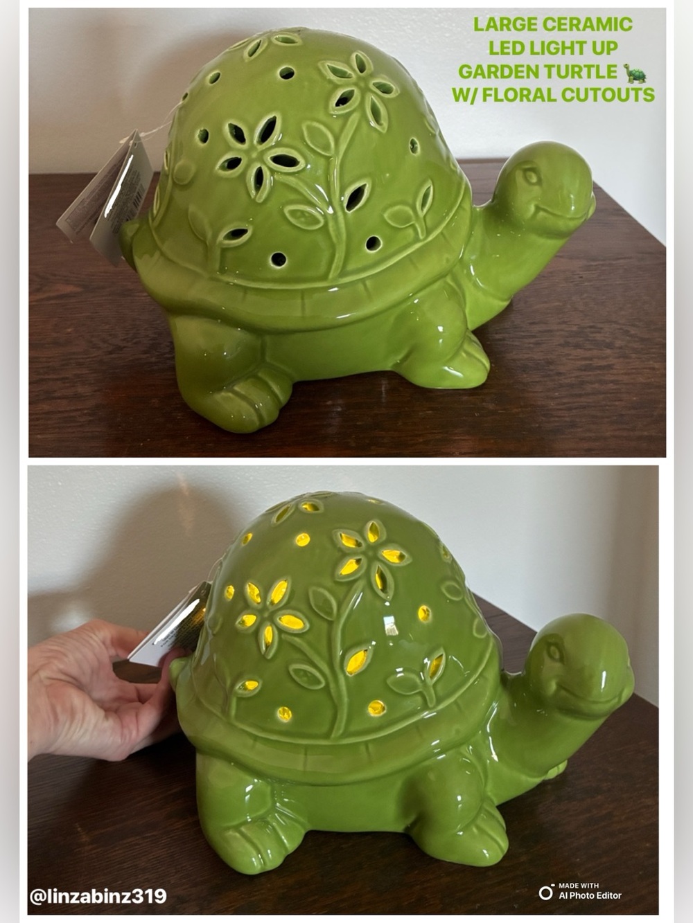 NWT- Large- LED Light Up Ceramic Garden Turtle w/ Floral Cut Outs and